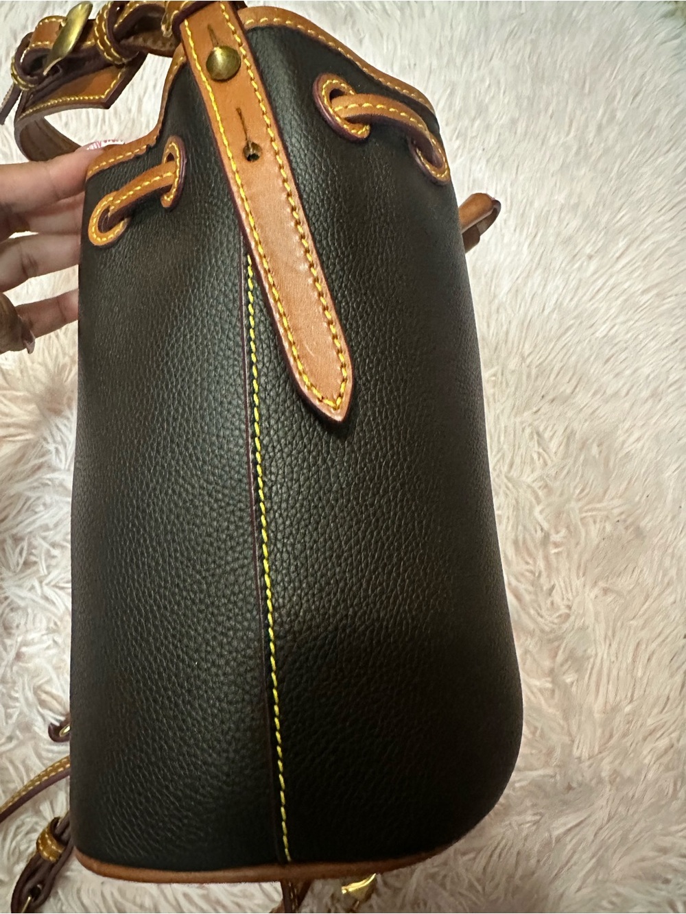Dooney & Bourke Black Pebbled Leather Bucket Crossbody with Brown Trim - Picture 4 of 16